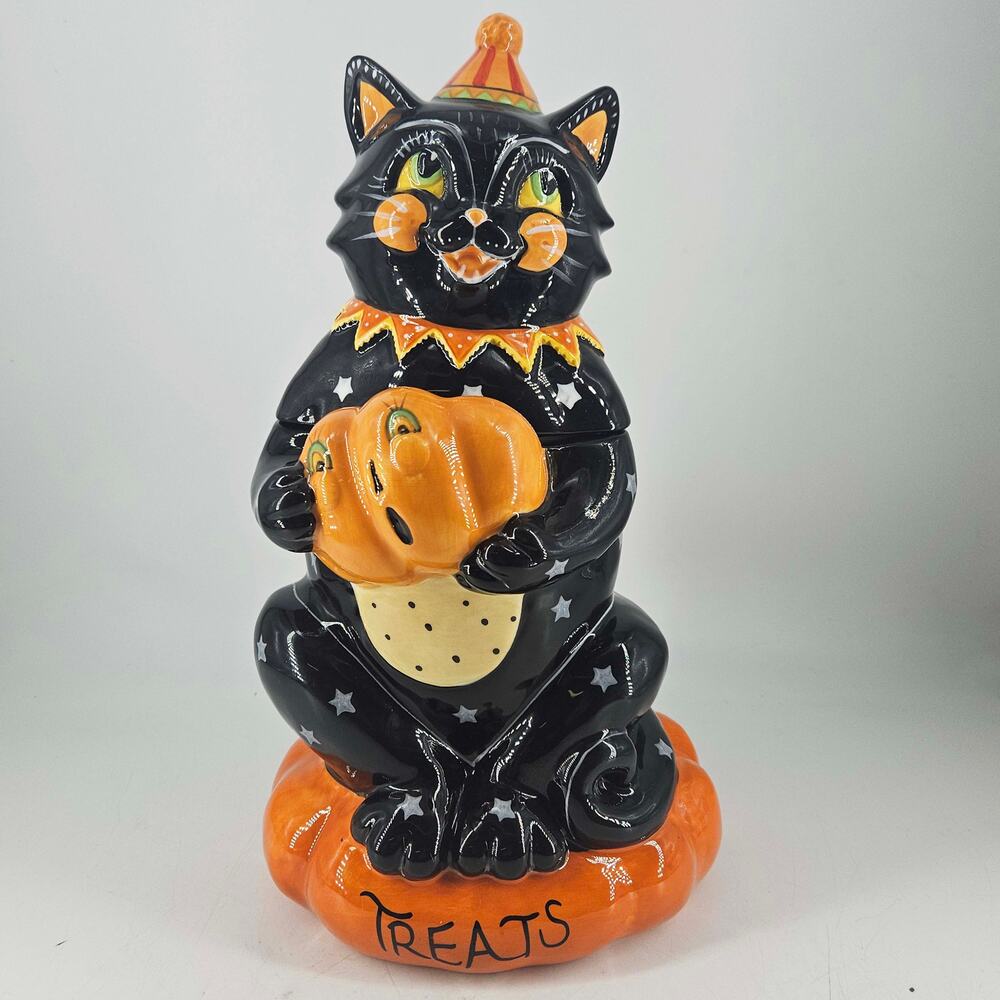 Blue Sky Clayworks Black Cat Halloween Pumpkin Treats Canister Cookie Jar